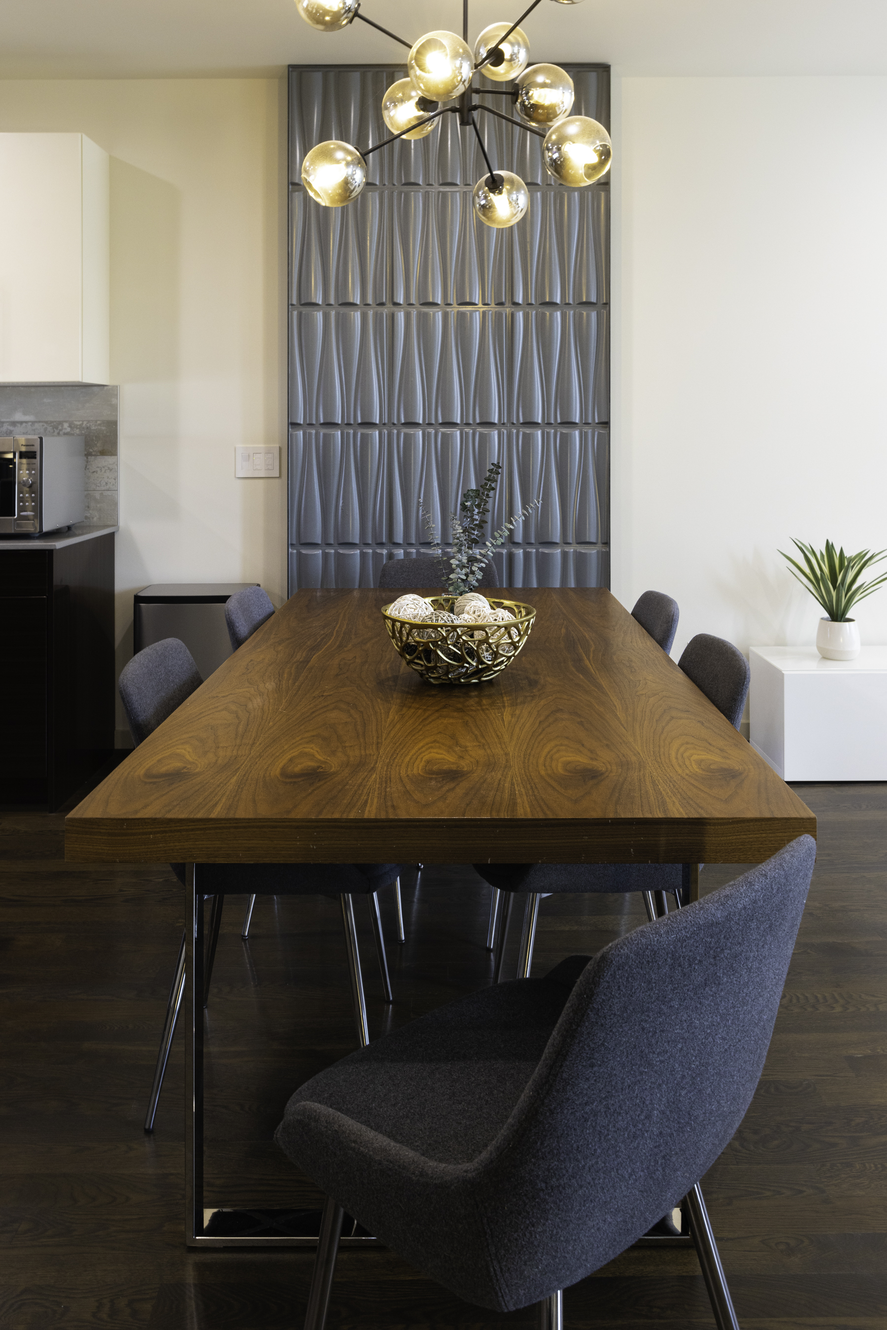 Dining area with pendant lighting and seating for six